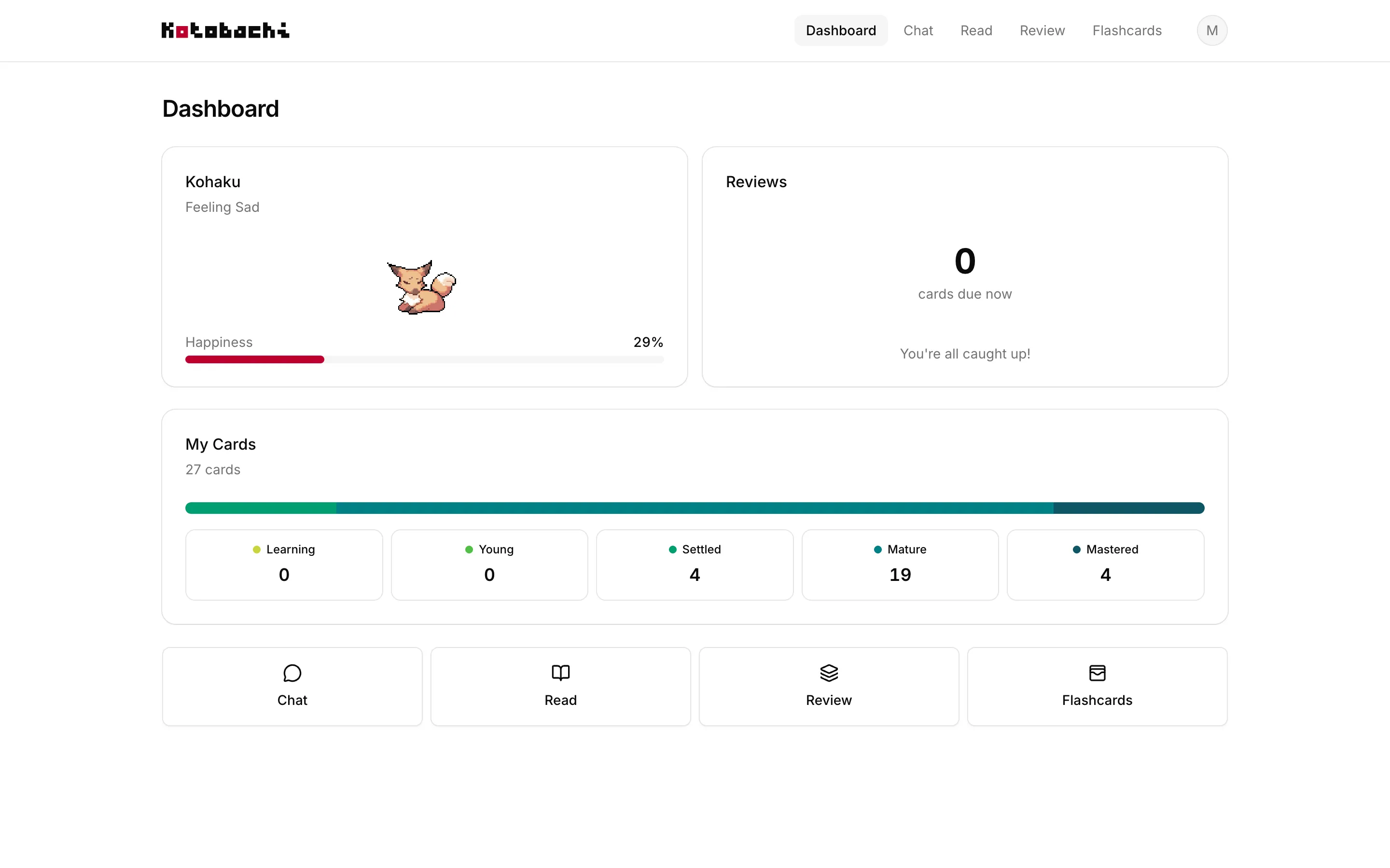 Kotobachi dashboard showing retention stages, due reviews, and pet mood